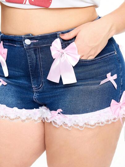 Kawaii Kawaii Bowknot Denim Shorts, Plus Size
