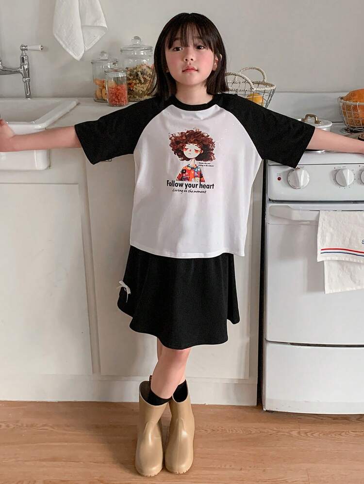 Girls Tween Girl Fashion Knit Printing Colorblock Raglan Sleeve Top + Knit Mini Skirt Set, Summer