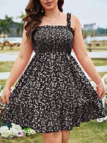 SHEIN Holidaya Vestido de tiras con estampado y volantes para talla grande para ropa de Año Nuevo - Negro - Ver 4