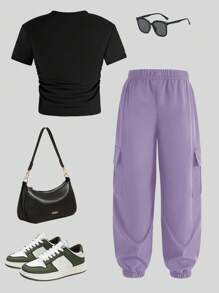 青少年女孩夏季休闲电子游戏印花短袖 T 恤和工装裤套装 - 黑色 - 查看 3