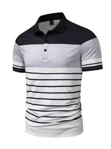 Manfinity Homme Plus Size Men's Plain Color Patchwork Front Button Short Sleeve Casual Polo Shirt
