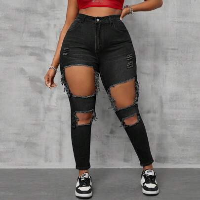 Plus Size Women Stretchy Blue Denim Ripped Skinny Jeans Women Spring Old Money