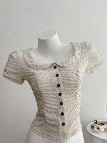 Elamini 女士圆点印花弹力修身圆领褶皱上衣 - 杏色 - 查看 1