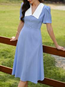 Vintamour 复古优雅女式格子纽扣休闲连衣裙度假茶会太阳裙女士夏季服装女士夏季连衣裙女士复活节连衣裙女士春季服装夏季服装女士度假服装婚礼宾客连衣裙女士春季连衣裙女士连衣裙夏季太阳裙女士连衣裙女士优雅度假服装女士生日连衣裙蓝色连衣裙度假连衣裙复活节服装女士 - 藍白色 - 查看 5