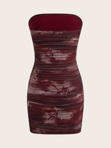 SHEIN EZwear 女士扎染印花褶皱露肩迷你连衣裙 - 酒紅色 - 查看 2