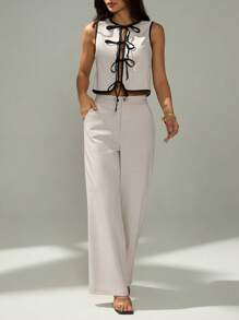 SHEIN PETITE 2pcs/Set Women Contrast Binding Knotted Sleeveless Top And Pocket Decorated Long Pants,Business Casual Woman,Summer Sets - Apricot - View 4