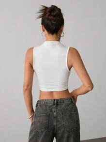 SHEIN PETITE Women's Solid Color Stand Collar Crop Fit Casual Top White - White - View 2