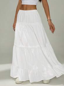 SHEIN PETITE 女式纯色腰带荷叶边下摆休闲裙 - 白色 - 查看 7