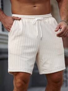 Manfinity RSRT Manfinity Nomadique Men Drawstring Waist Slant Pocket Shorts Baggy Board Linen Cool Plain Khaki Vacation Boho - Apricot - View 4