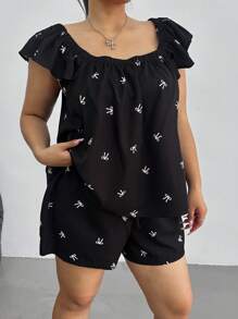 SHEIN MOOSTA 大码女式 2 件套上衣和短裤，蝴蝶印花盖袖方领衬衫和蝴蝶结休闲短裤，夏季 - 黑色 - 查看 6