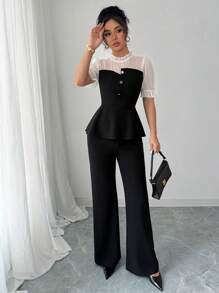 Selianne Chiffon Patchwork Shirt & Flare Leg Pants 2 Pieces Set - Black - View 3