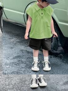 SHEIN 2pcs Young Boy Casual Wide Strap Turn-Down Collar Polo Shirt And Work Shorts, Comfortable And Versatile For Spring And Summer, Suitable For Daily Wear, School And Outdoor Play Ootd Kids Boyboy Clothes Summer