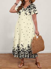 EMERY ROSE 大码女式休闲蝴蝶结碎花 V 领短袖连衣裙，适合夏季 - 米色 - 查看 5