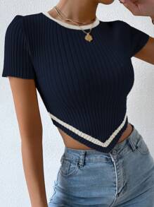 Breezaya Áo len dệt kim cổ tròn tay ngắn màu tương phản cho nữ, viền bất đối xứng, thường ngày - Màu xanh hải quân - Xem 4