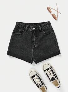 SHEIN 少女休闲破洞卷边牛仔短裤 - 黑色 - 查看 1