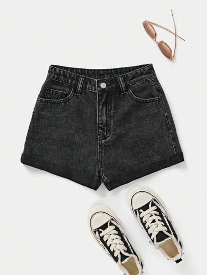 SHEIN Teen Girls' Casual Distressed Rolled Hem Denim Shorts
