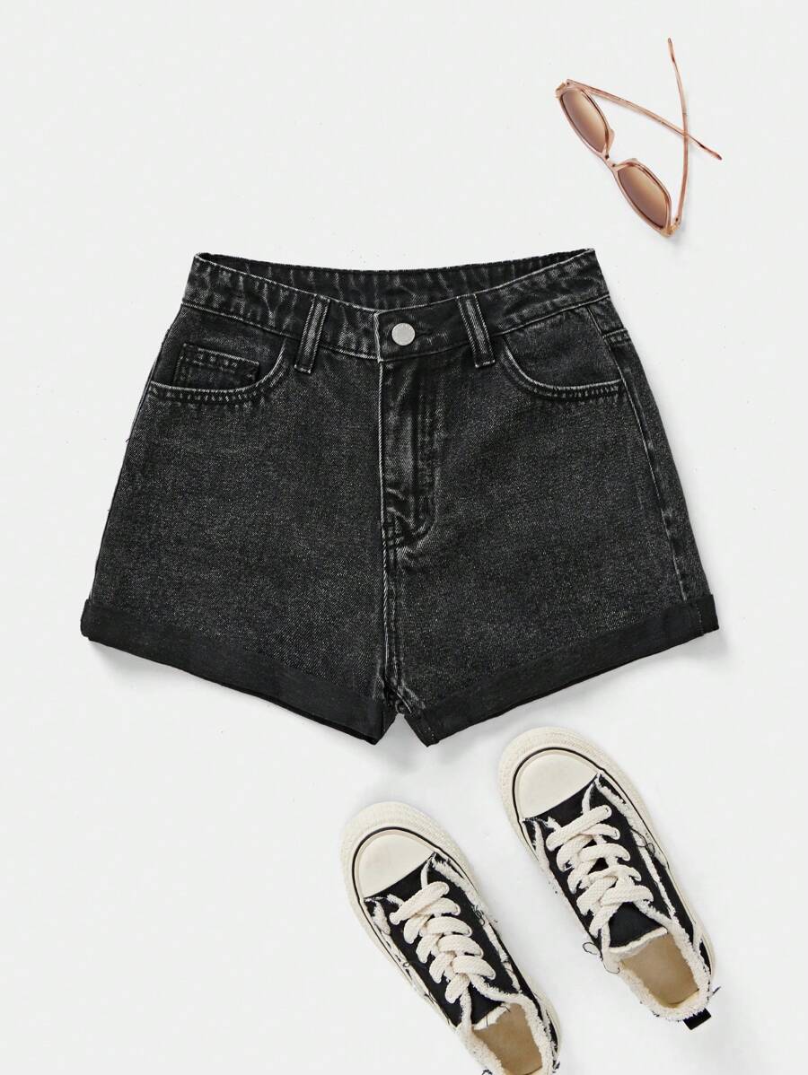 SHEIN 少女休闲破洞卷边牛仔短裤 - 黑色 - 查看 1