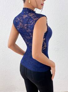 SHEIN Lace Patchwork Hollow Out Sexy Women Tank Top - Navy Blue - View 2