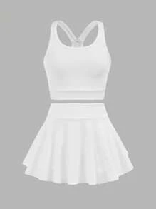 SHEIN Tween Girl Casual Solid Color Knit Tank Top And Pants Set, Suitable For Spring/Summer - White - View 3
