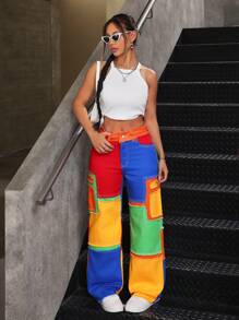 SHEIN PETITE Women's Multicolor Patchwork Denim Jeans: Extra Long, Casual Style, Zipper Details - Multicolor - View 4