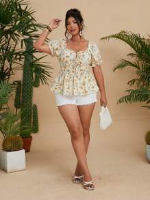 Flirla 大码女式黄色碎花腰带短袖衬衫 - 黃色 - 查看 4