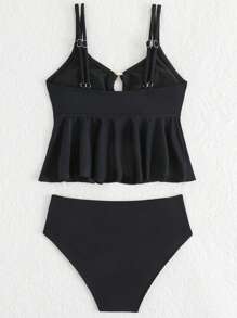 Tween Girl Spaghetti Strap Tankini Swimwear Set, New Black Solid Classic Simple Design With Front Hollow Rings, Ruffled Hem, Adjustable Straps, Suitable For Swimming And Beach Vacation - Black - View 6