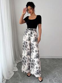 Vaclyn Summer Vacation Elegant Square Neck Short Sleeve Slim Top, Floral Patchwork Color Blocking Wide Leg Pants With Cross Tie Strap Romper For Women