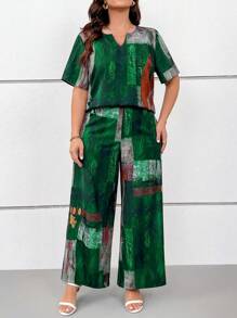 SHEIN LUNE 大码女式复古渐变色印花度假睡衣套装，含短款 V 领上衣和长裤，春夏