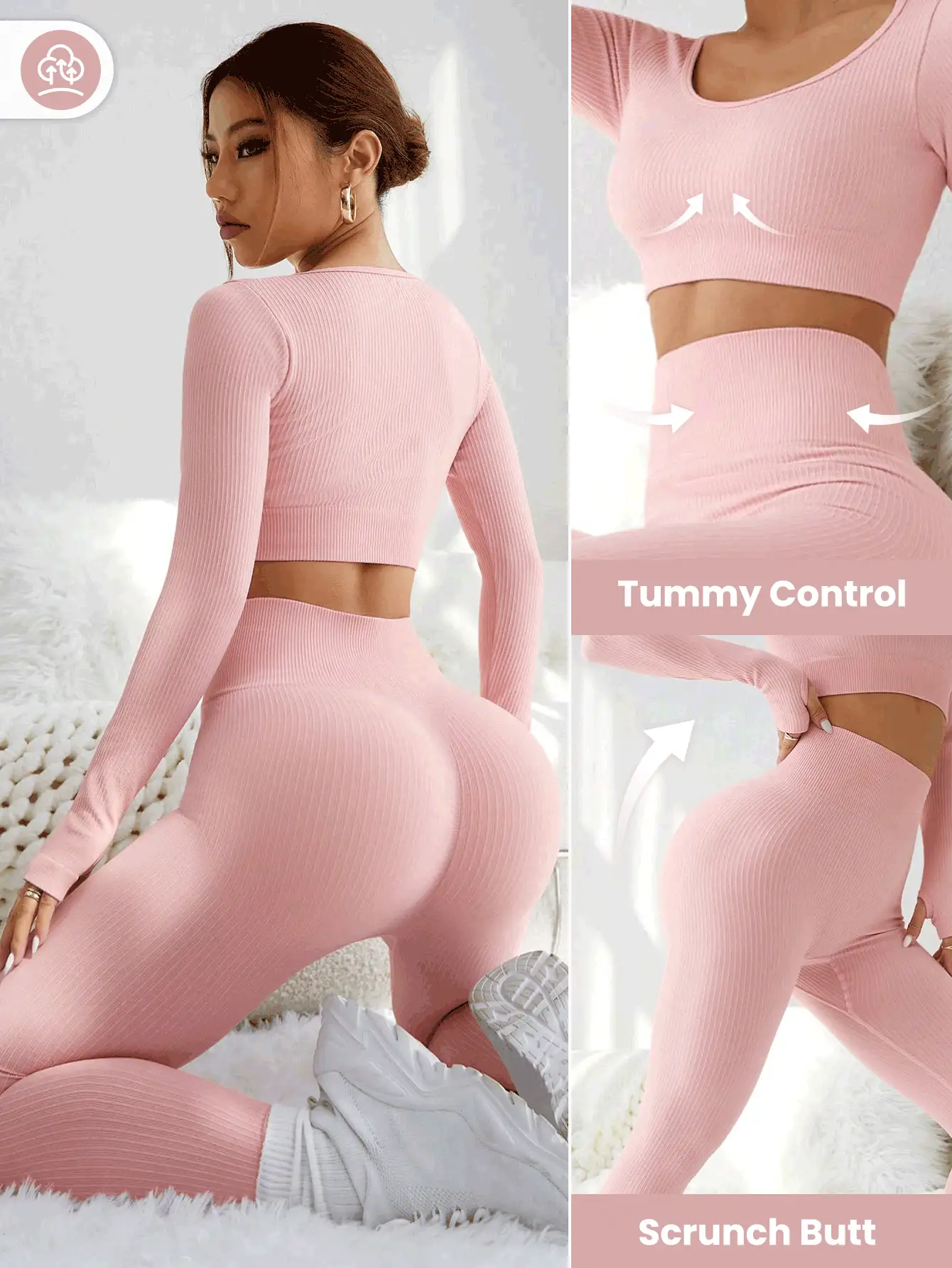 Gameset SHEIN Sport Conjunto de dos piezas con top sin costuras de alta elasticidad con agujeros para el pulgar y leggings con agujeros para mujer, atuendo deportivo para gimnasio - Rosa - Ver 5