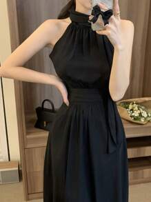 DAZY Elegant Ladylike Tie-Neck Waist Cinched Dress For Women - Black - View 9