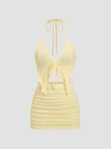 SHEIN Unity 黄色条纹纹理面料 V 领露背系带领不对称下摆紧身吊带背心和紧身褶皱迷你裙 2 件套，休闲度假性感女士夏季日常穿着 - 黃色 - 查看 1