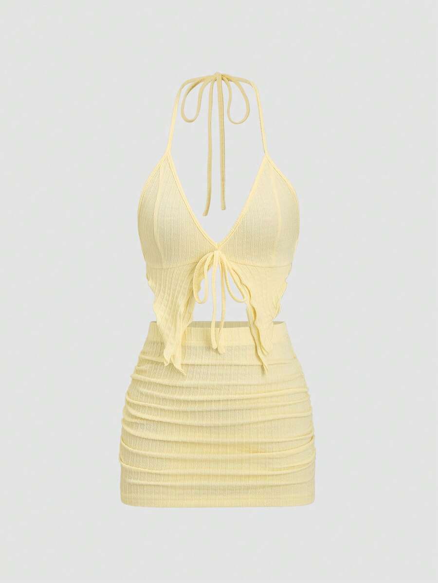 SHEIN Unity 黄色条纹纹理面料 V 领露背系带领不对称下摆紧身吊带背心和紧身褶皱迷你裙 2 件套，休闲度假性感女士夏季日常穿着 - 黃色 - 查看 1
