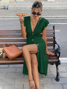 SHEIN Frenchy Women's Simple French Style Elegant Waist Cap Sleeve Mini Dress,Summer Dresses For Women Party Green - Green - View 6