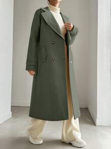 EURMUSE 1pc Women Casual Solid Color Double-Breasted Coat, Autumn/Winter - Olive Green - View 4