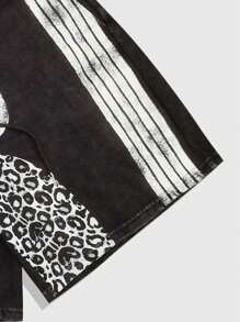 ROMWE MEN Prep Pantalones cortos de hombre con cintura de cordón estampado con rayas y estampado de leopardo