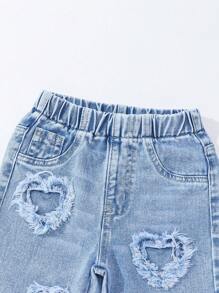 SHEIN Playful Pals Baby Girl Denim Casual Urban Light Wash Fully Elastic Waist Heart Patch Embroidered Wide Legs Pants The Best Daily Fashion - Light Wash - View 3