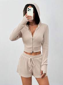 SHEIN Unity Women's  2pcs/Set Apricot Rib Knit Zip Front Hoodie Crop Top And Drawstring Waist Extra Short Shorts, Super Soft & Comfortable Casual Lounge Wear For Women, Spring/Summer - Apricot - View 4