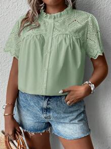 SHEIN Clasi Áo kiểu nữ cỡ lớn, màu trơn, chất liệu ren móc, thêu họa tiết, thích hợp cho kỳ nghỉ hè. Áo kiểu nữ mùa hè, áo kiểu nữ mùa xuân, áo kiểu nữ mùa hè, áo kiểu nữ mùa hè. - Màu xanh Bạc hà - Xem 3