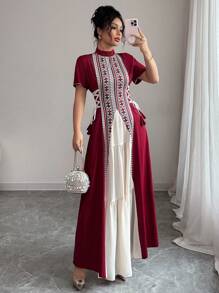 Rafferiza Women's Elegant Patchwork Floral Belted Waist Cinch Midi Dress - Burgundy - View 5