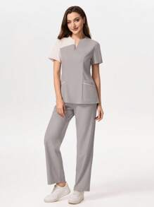 TaskEZ Contrast Color Block Short Sleeve Pants Scrub Uniform Set,Women Tops Summer Work Clothes Women Set Scrub Sets For Women Professional Clothes Women Sets Casual Sets For Women - Light Grey - View 4