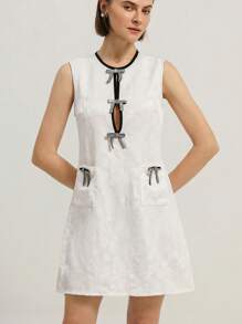 Aveloria Rosie Elegant Doll Dress A-Line Contrast Color Tied Straps, Exquisite Craftsmanship Beaded, Diamond-Studded, Bow Detail, Textured Jacquard Fabric Women Short Dress   Old Money Style For Summer