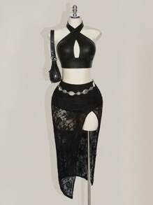 SHEIN ICON Plus Size Lace Ruched High Slit Skirt, Suitable For Music Festival And Party - Black - View 2