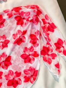 SHEIN Leap Crew Teen Girls Spring & Summer Clean Girl, Light Pink, White, Floral Print Bikini Set With Wrap Skirt 3 Pieces Swimwear, Vacation/Holiday, Vintage//Beach/Sea/Elegant/Cute - Red - View 8