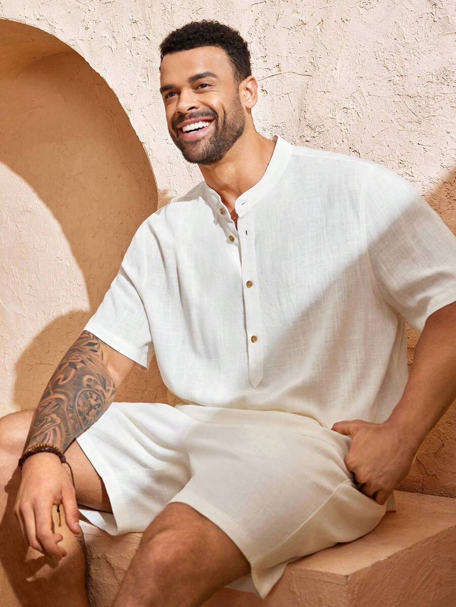 EASEVO Plus Size Men's Woven Shirt & Shorts Set