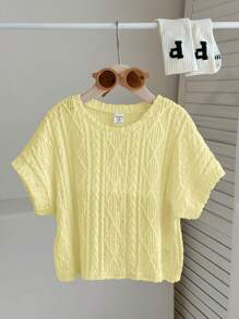 SHEIN Tween Girls' Oversized Casual Crewneck Pullover Textured Fabric Short Sleeve Cropped T-Shirt - Yellow - View 2