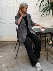 DAZY Blazer holgado de manga corta con bolsillo a rayas para mujer en verano