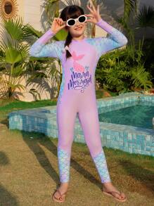 女童连体泳衣，卡通美人鱼尾巴，数码印花，紫色鱼鳞印花，长袖长裤，连体泳衣，适合参加海滩泳池派对 - 紫色 - 查看 3