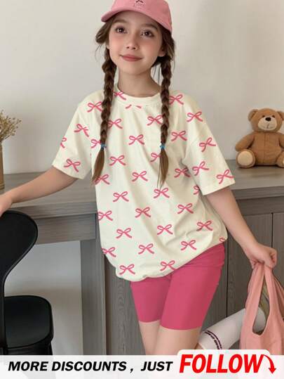 SHEIN Cute And Sweet Pink Bow Print, Pink, Tween Girl Casual Simple Short-Sleeved T-Shirt Shorts Two Pieces Set Suitable For Summer Summer Outfits