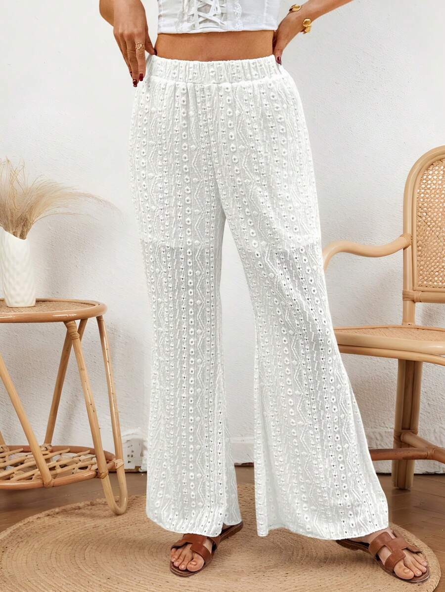 SHEIN Unity 女士蕾丝针织纹理阔腿裤,带衬里,休闲度假装 - 白色 - 查看 1