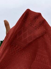 SHEIN Frenchy Eyelet Embroidery Ruffle Trim Round Neck Lace Trimmed Tee Christmas Summer New Year Red Casual Valentine's Day - Red - View 7